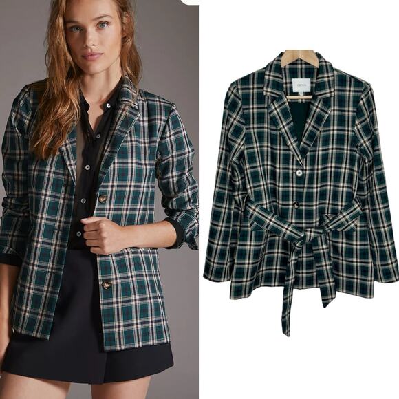 Greylin Women Button Front Blazer Small Green Beige Plaid Belted Preppy Academia - Picture 1 of 11